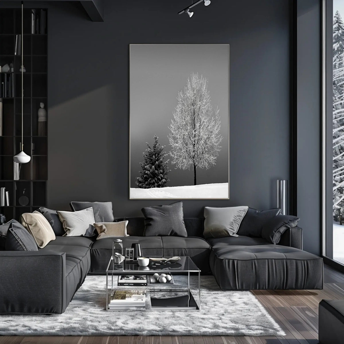 Serene Winter Landscape: Minimalist Black and White Artistic Poster