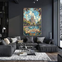 Barcelona Travel Poster with Sagrada Familia and Sunlit Scene