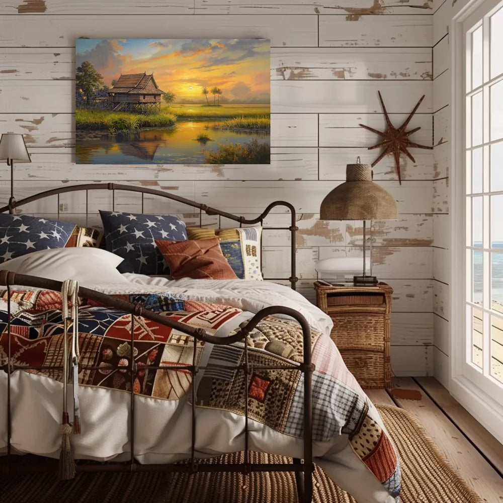 Serene Southeast Asian Sunset Rural Scene Poster