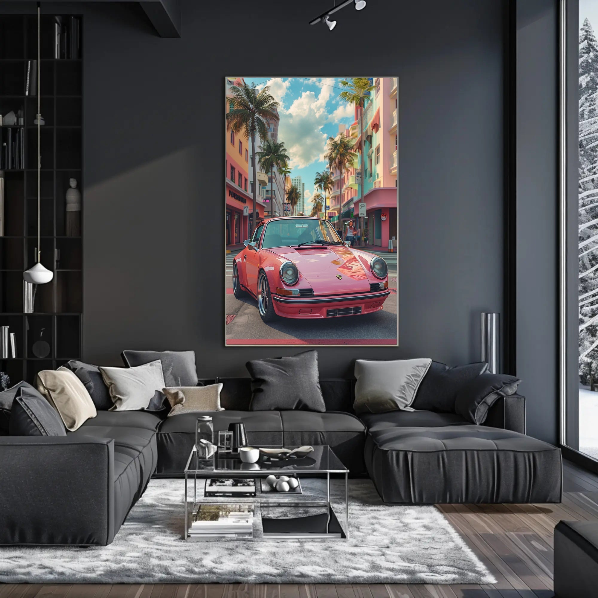 Vintage Car in Vibrant Cityscape Art Poster Print PosterGoat