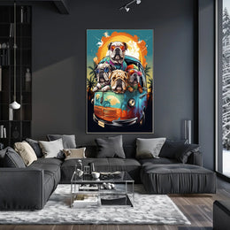 Whimsical Bulldogs in Retro Van Art Poster