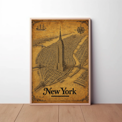 New York Empire State Historic Map Detailed Aerial Travel Poster