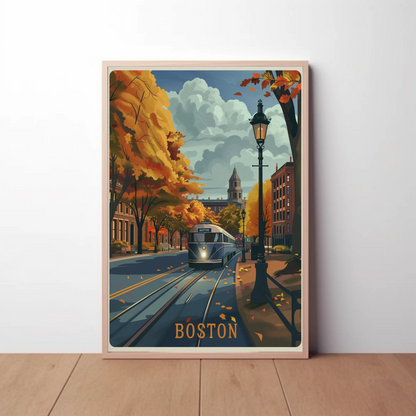 Boston Autumn Streetcar Leaves Trees Travel Poster