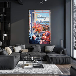 Inviting Urban View: Cozy Interior Cityscape Poster