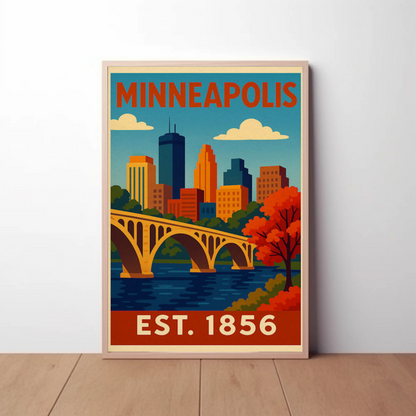 Minneapolis Autumn River Bridge View Vintage Travel Poster