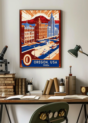 Oregon USA 1950s Coastal Cityscape Vintage Travel Poster