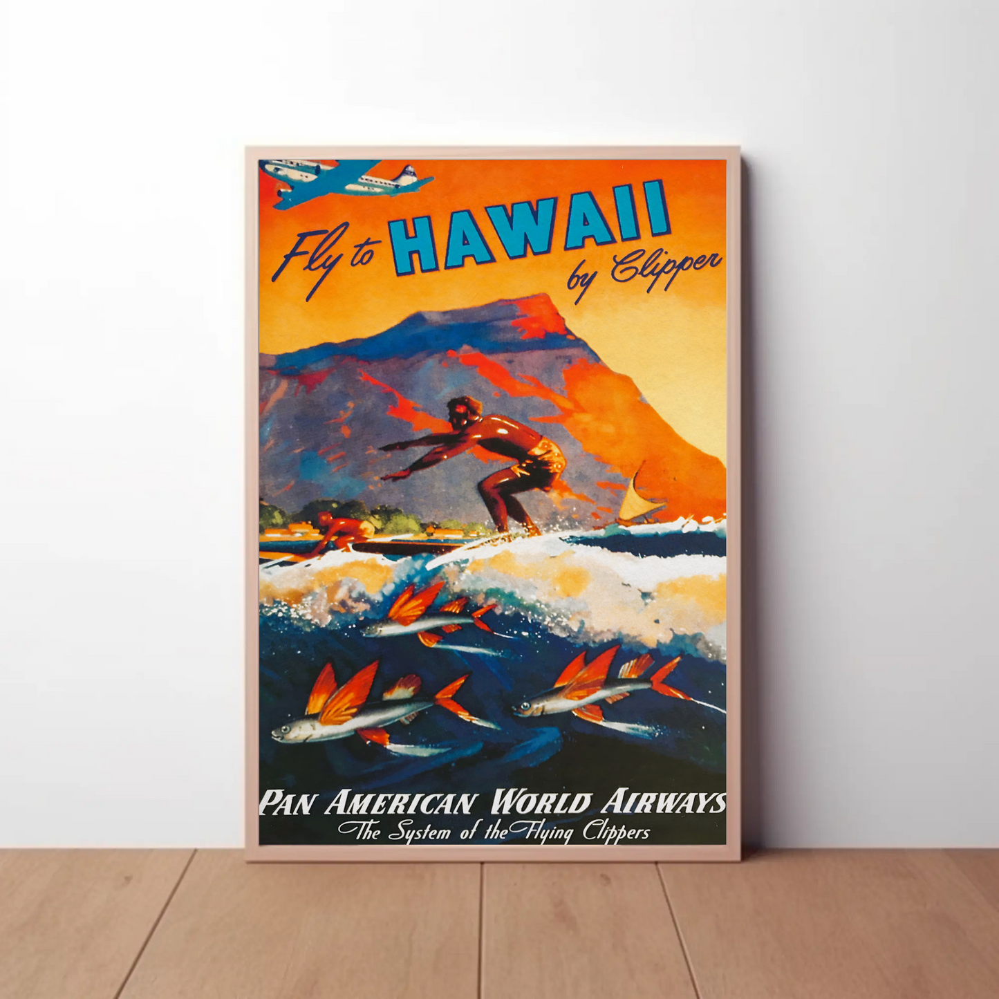 Fly To Hawaii Clipper Surfer Vintage Travel Poster