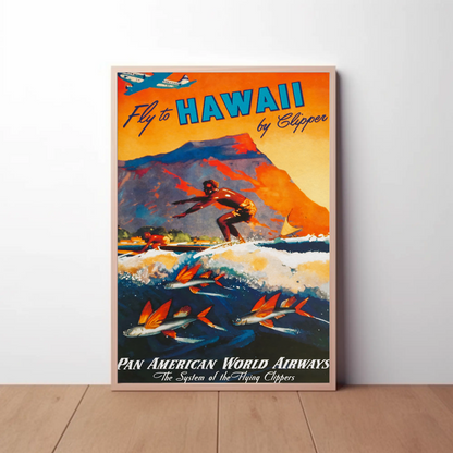 Fly To Hawaii Clipper Surfer Vintage Travel Poster