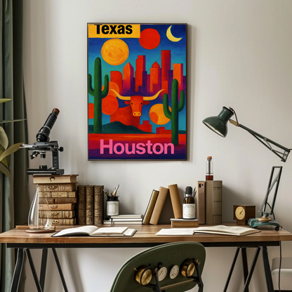 Texas Houston Longhorn Cactus Sunset Cityscape Vintage Travel Poster
