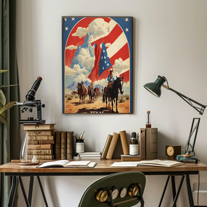 Texas Cowboys Horses Flag Desert Vintage Travel Poster