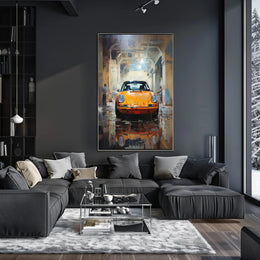 Yellow Sports Car Industrial Garage