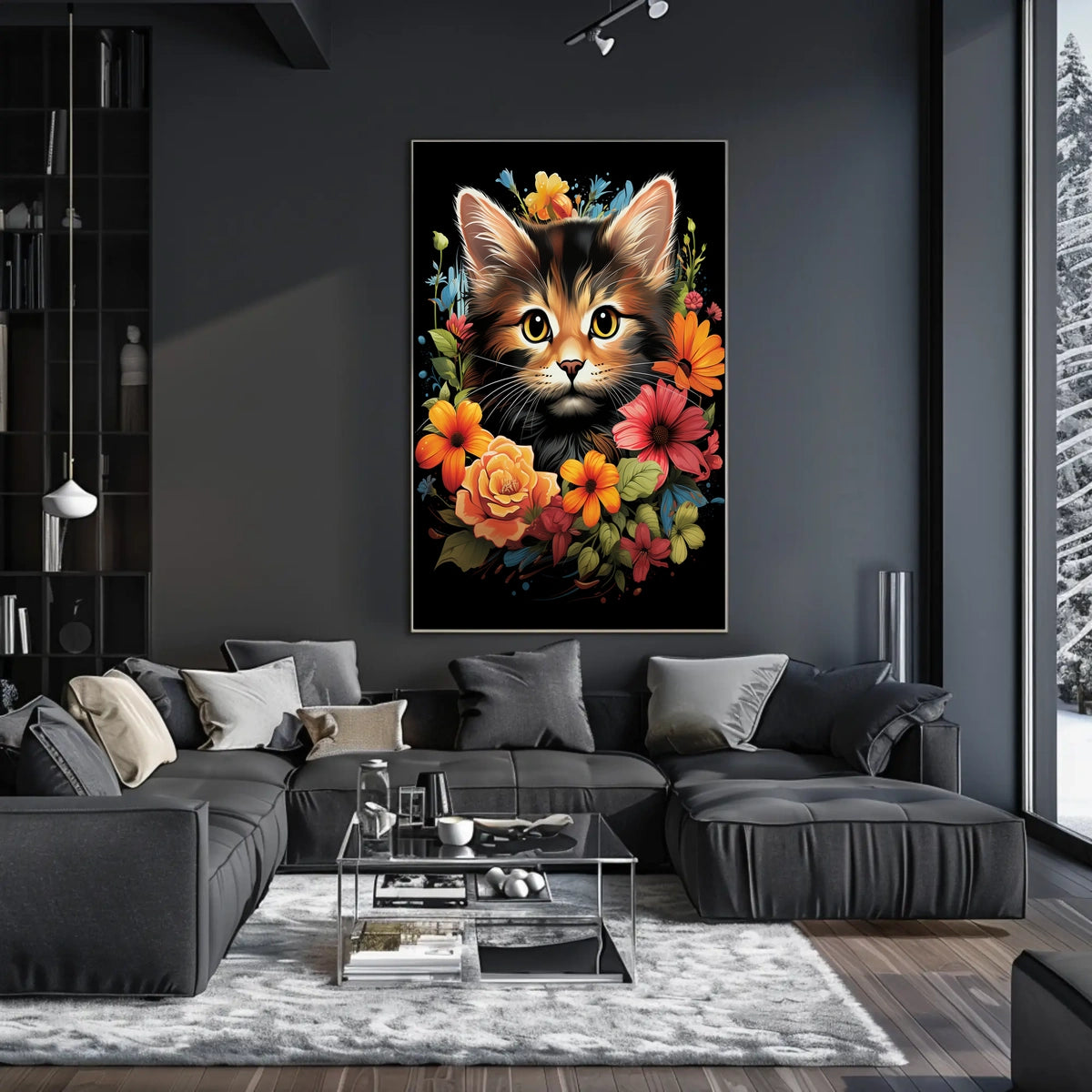 Charming Cat and Flowers Modern Art Poster