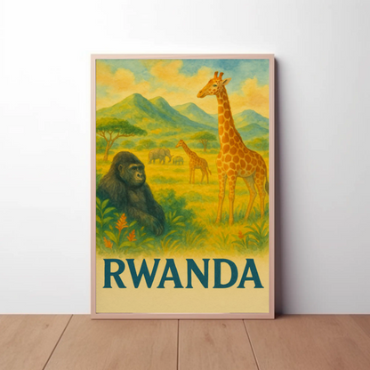 Rwanda Safari Animals Valley Scene Travel Poster