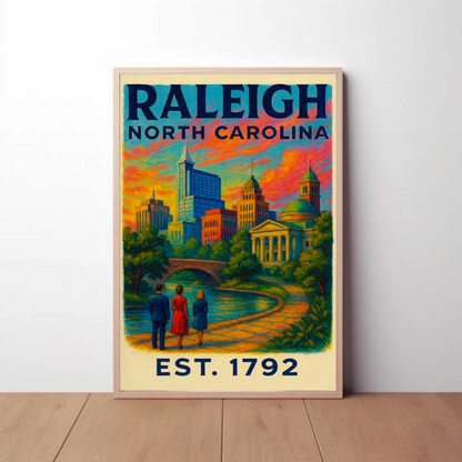 Raleigh North Carolina Skyline River Sunset Travel Poster