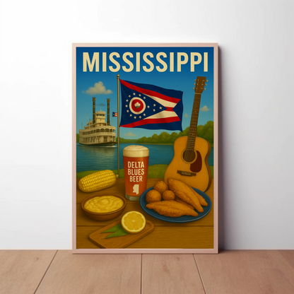 Mississippi River Guitar Beer Catfish Corn Flag Travel Poster