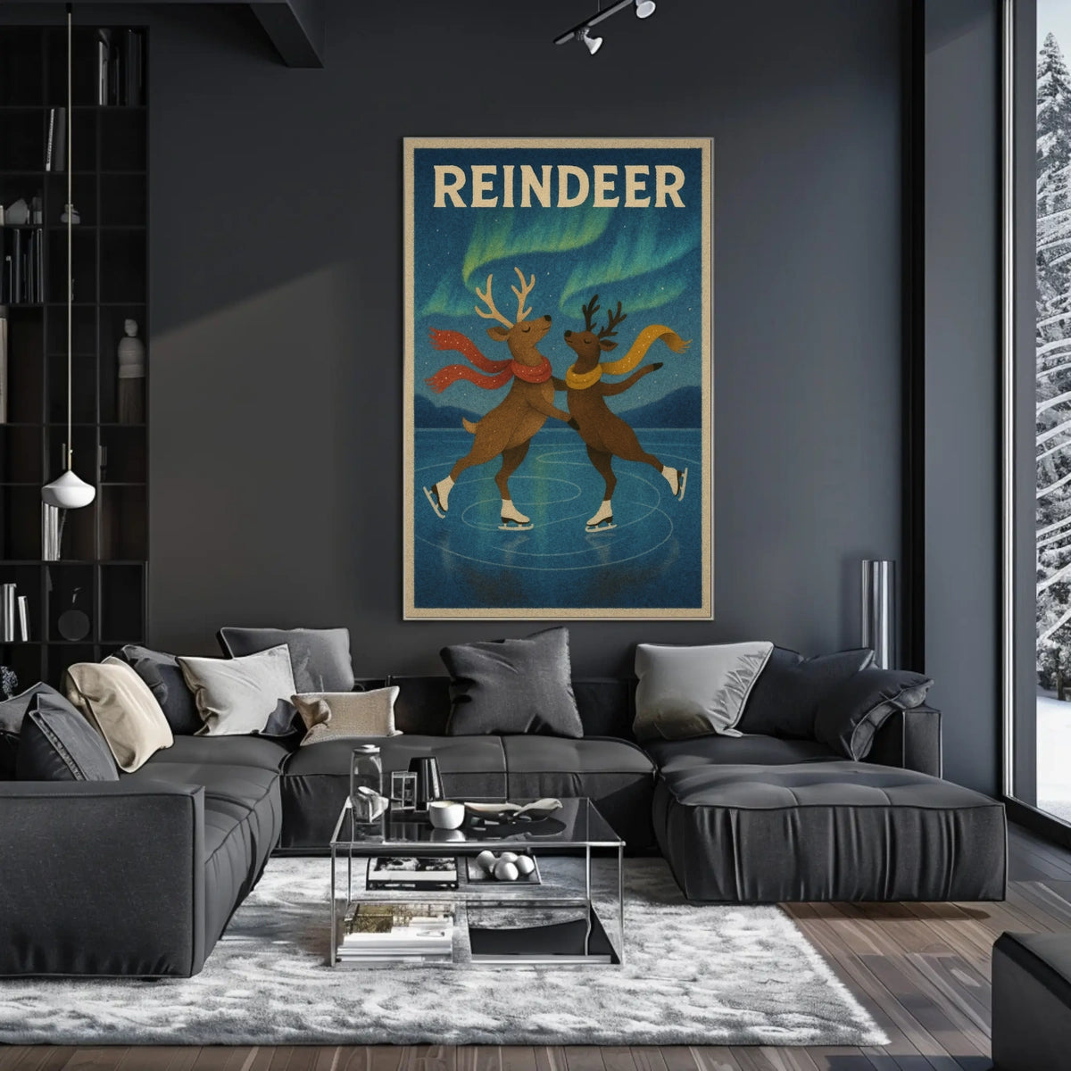 Whimsical Reindeer Ice Skating Under Northern Lights Animal Poster