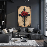 Gothic Cross with Red Roses Artistic Wall Decor Poster