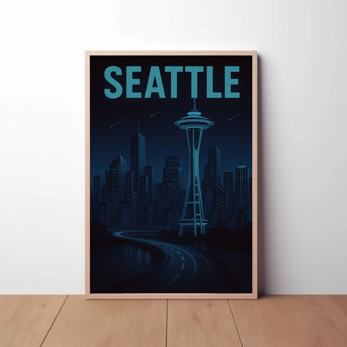Seattle Futuristic Blue Night Skyline Space Needle Travel Poster