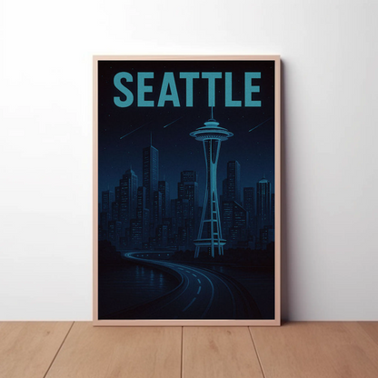 Seattle Futuristic Blue Night Skyline Space Needle Travel Poster