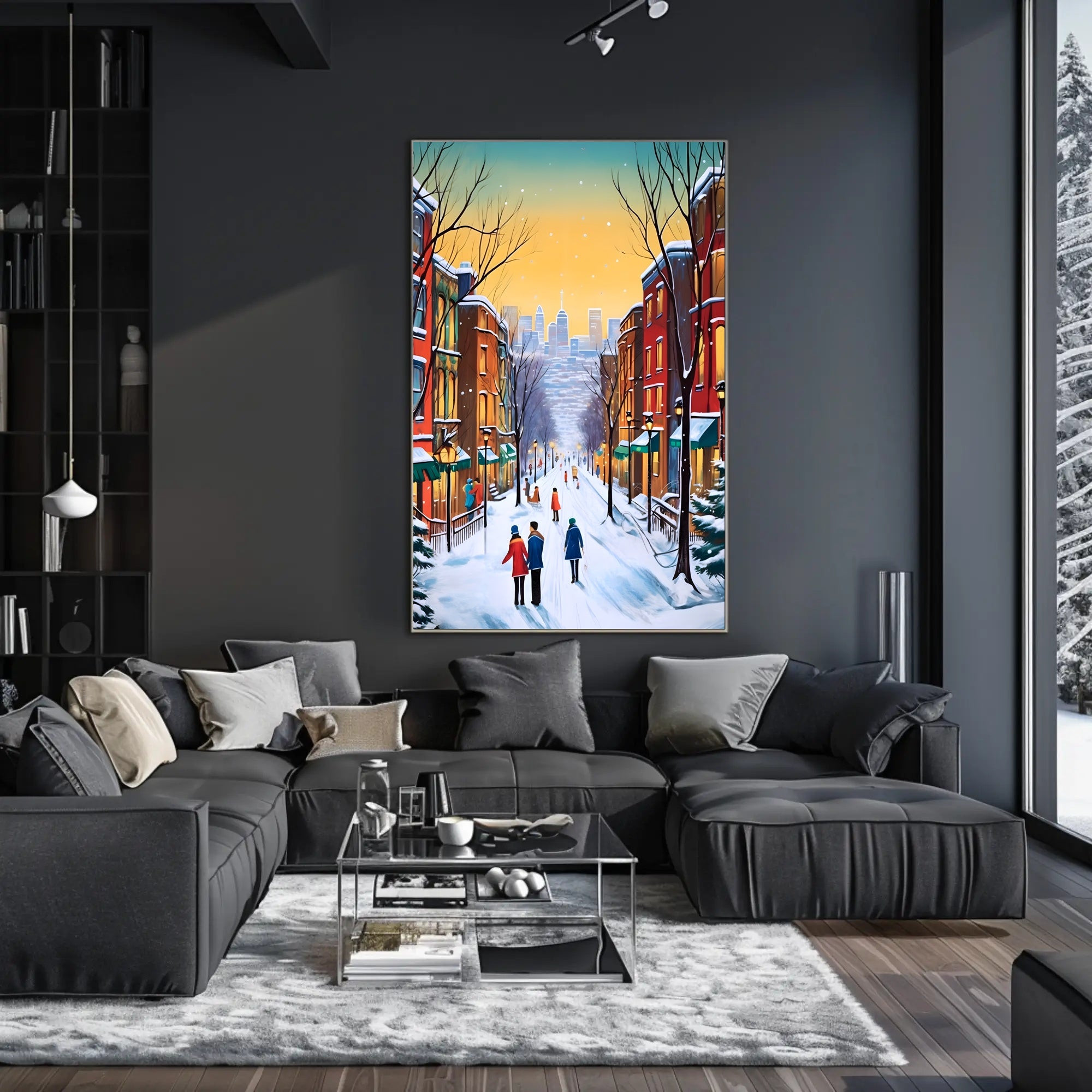 Charming Winter Street Scene in Urban Cityscape Poster