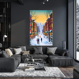 Charming Winter Street Scene in Urban Cityscape Poster