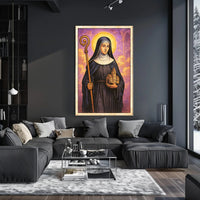 Saintly Figure with Church Model Poster PosterGoat