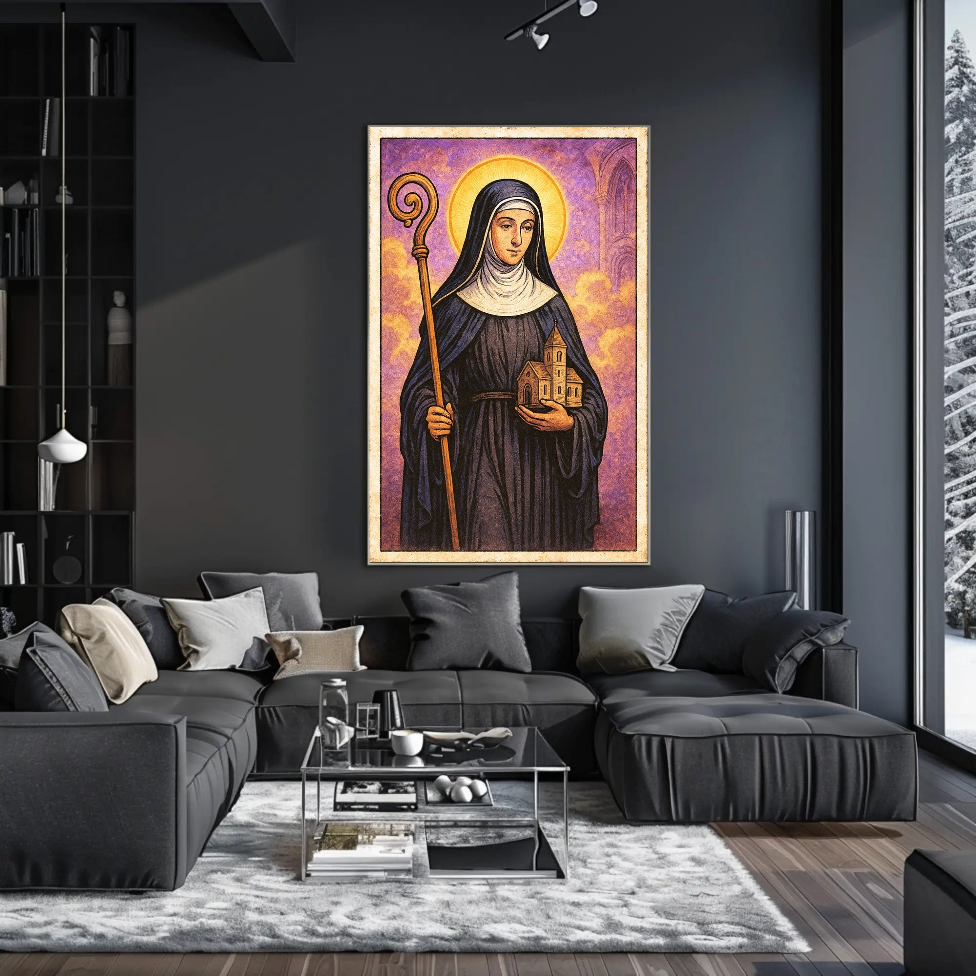 Saintly Figure with Church Model Poster PosterGoat