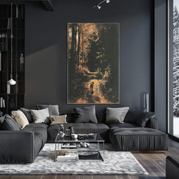 Serene Woodland Walk with Dog Autumn Poster