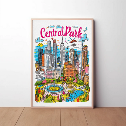 Central Park New York Cityscape Colorful Skyline Travel Poster