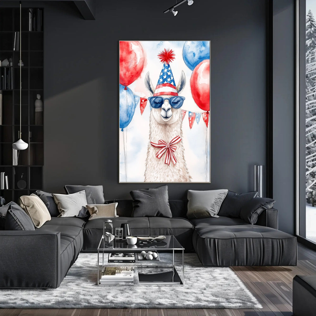 Playful watercolor of a llama wearing a stars and stripes hat and sunglasses standing in front of bunting and balloons in red white and blue Poster