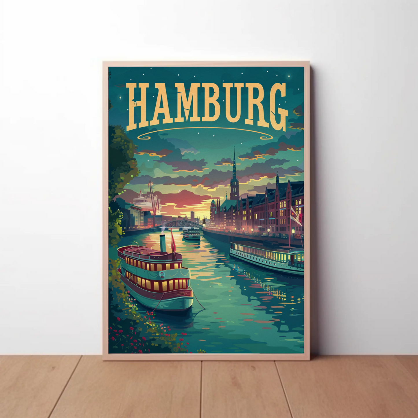 Hamburg Riverfront Twilight Travel Poster