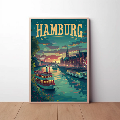 Hamburg Riverfront Twilight Travel Poster
