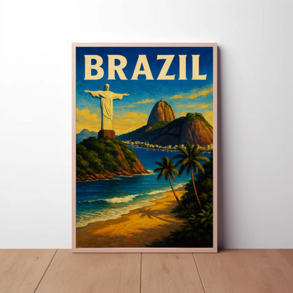 Brazil Rio De Janeiro Christ Statue Beach Travel Poster