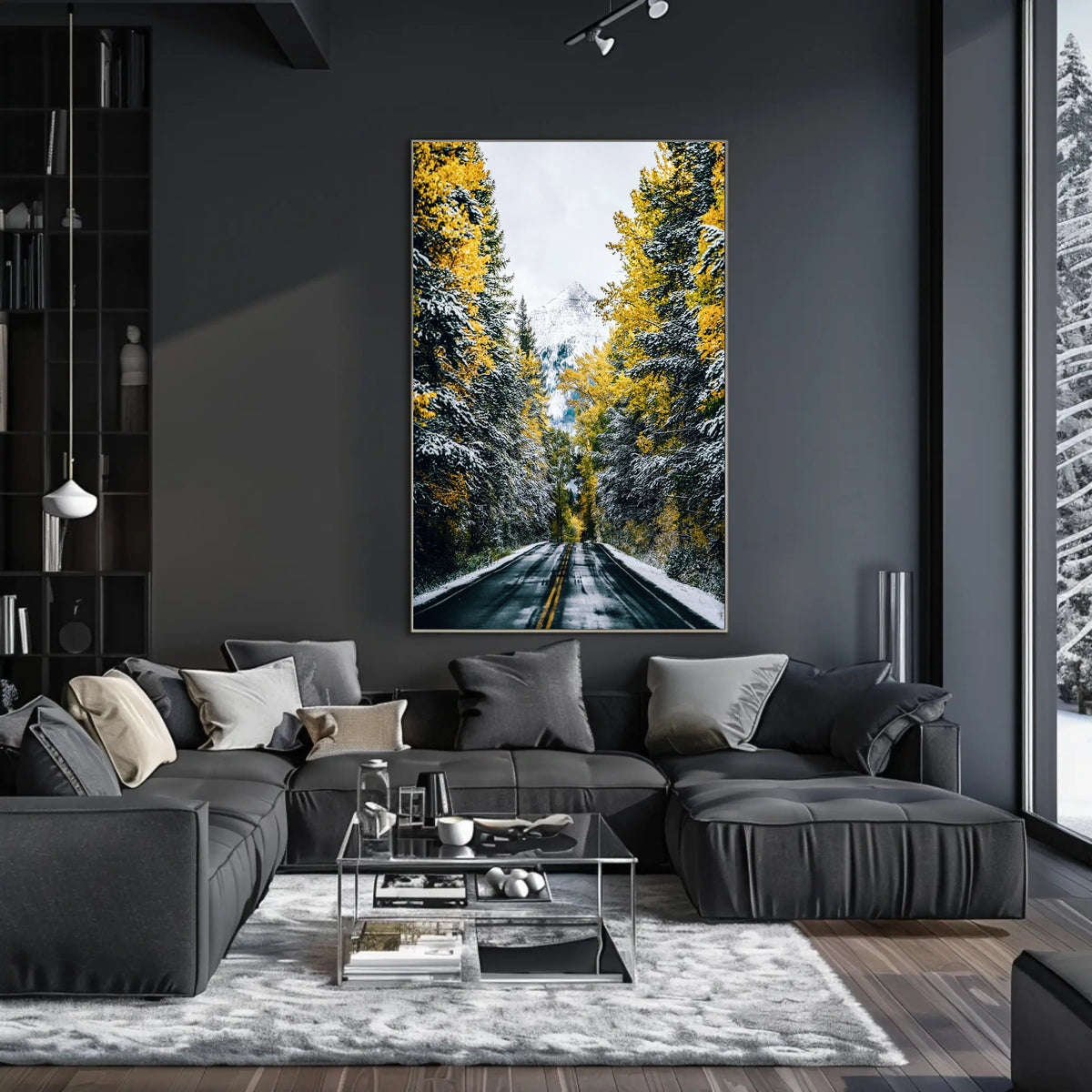 Autumnal Forest Road with Snow-Capped Mountain Poster