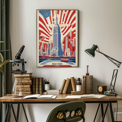 New York Empire Skyline Flags Vintage Travel Poster