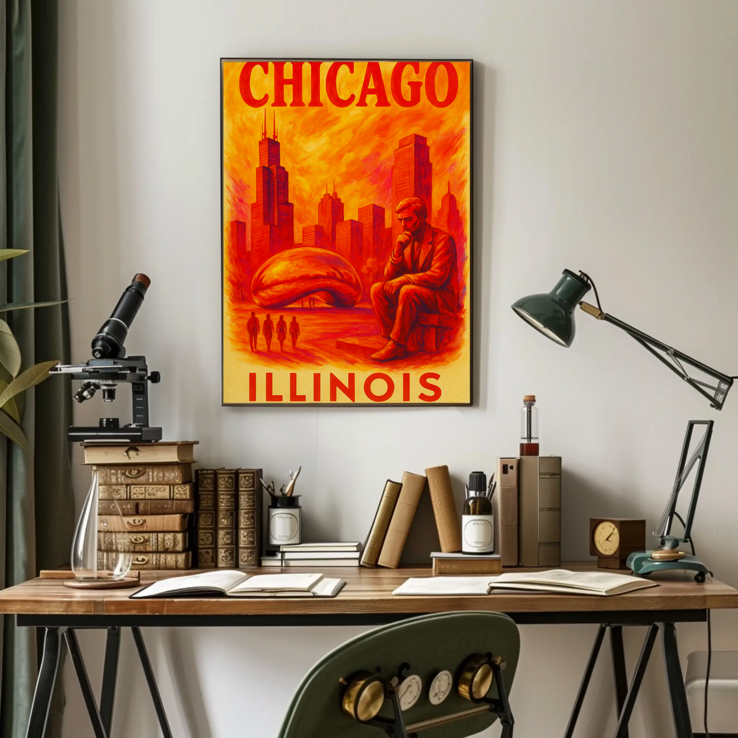 Chicago Skyline Bean Statue Modern Red Vintage Travel Poster Wall Art