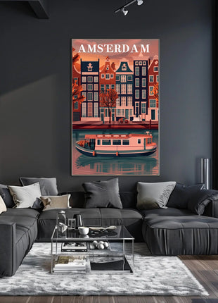 Amsterdam Canal Houses: Warm Scenic Travel Poster