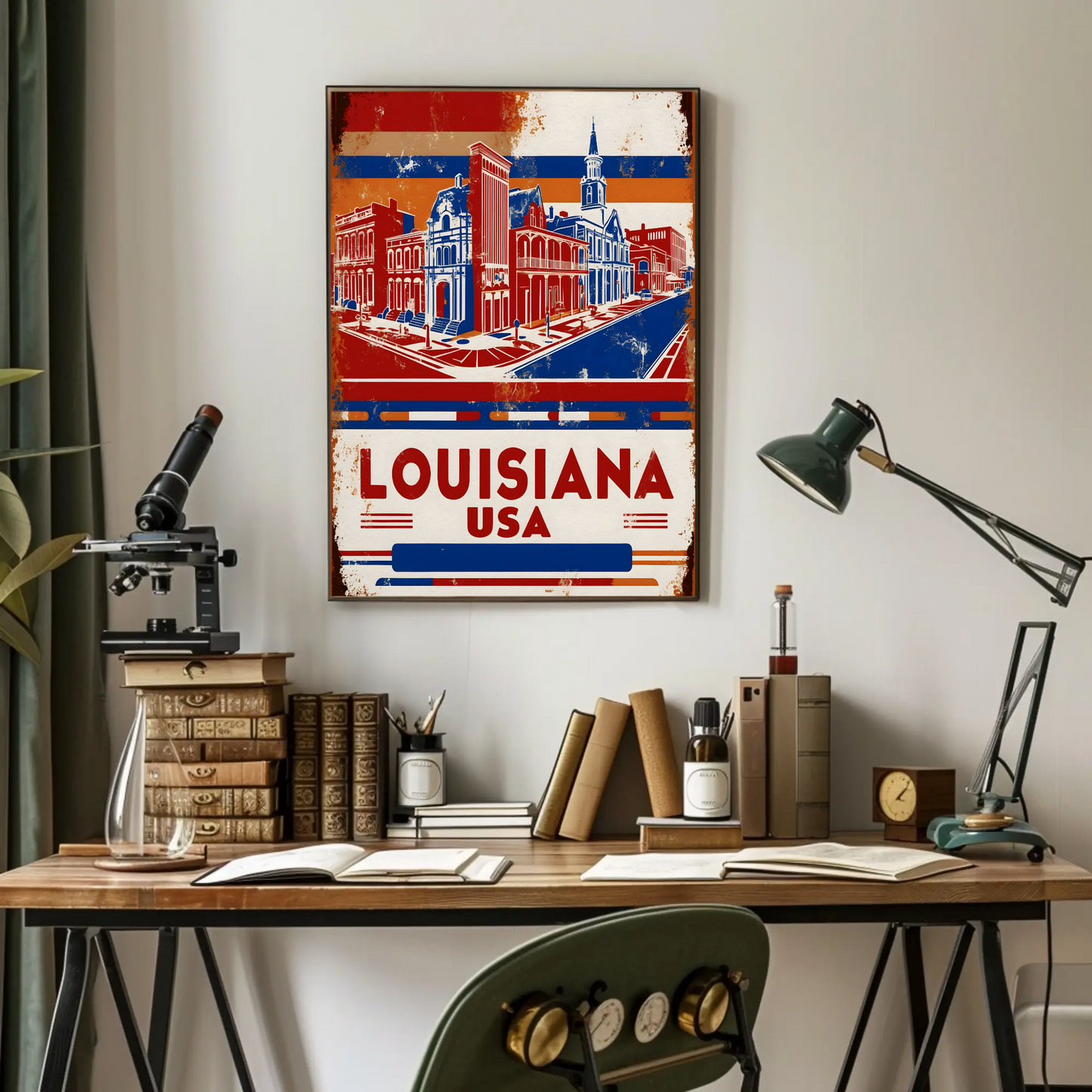 Louisiana USA French Quarter Street Vintage Maroon Travel Poster