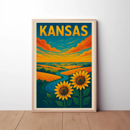 Kansas Sunflower Fields River Prairie Landscape Travel Poster