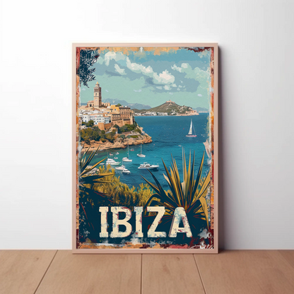 Ibiza Cliffside Town and Sailing Bay Travel Poster