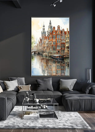 Amsterdam Canal Cityscape Watercolor Travel Poster