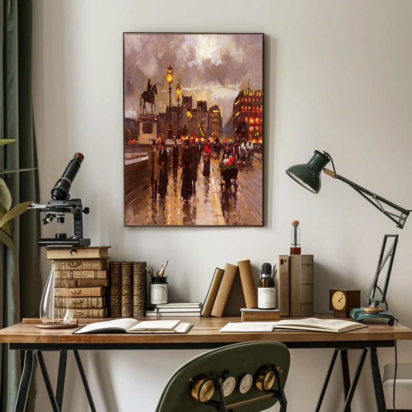 Paris Evening Streetlights Market Vintage Travel Poster