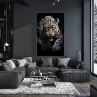 The poster features a dynamic and intense depiction of a leopard in mid-pounce. Travel Poster