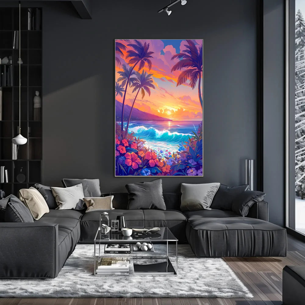 Tropical Sunset Beach Scene Illustrated Poster