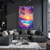 Tropical Sunset Beach Scene Illustrated Poster