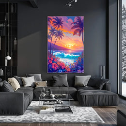 Tropical Sunset Beach Scene Illustrated Poster