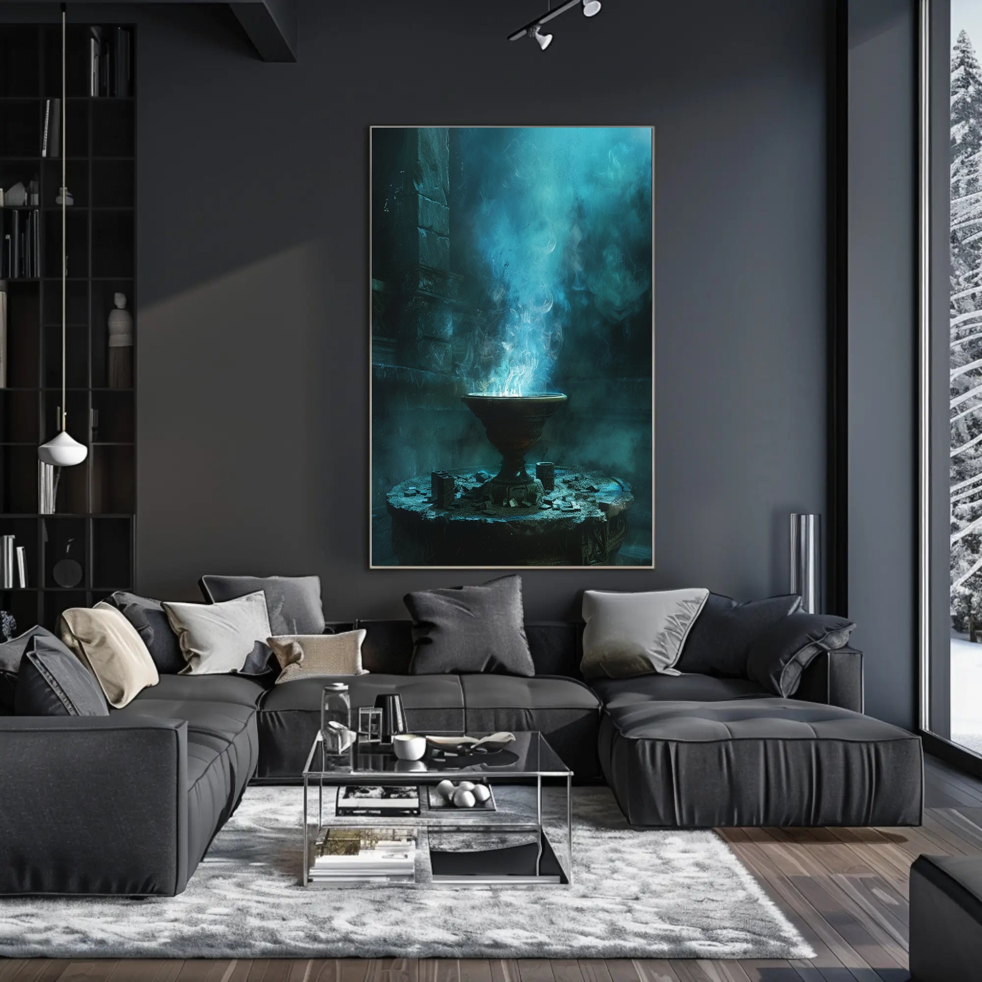 Mystical Ancient Temple with Enchanting Blue Flames PosterGoat
