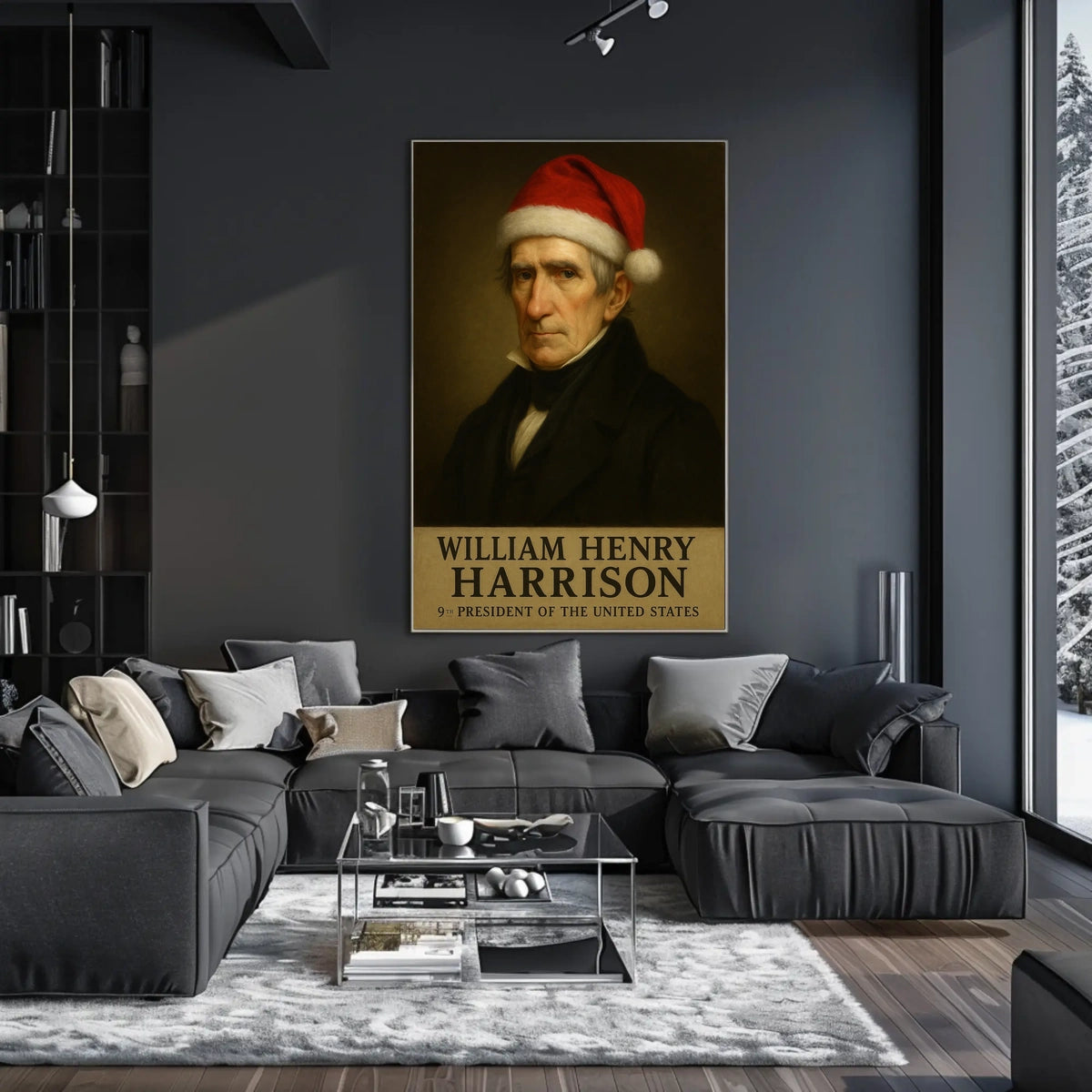 The poster depicts a stylized portrait of William Henry Harrison, the 9th President Travel Poster
