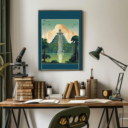 Mayan Pyramid Reflected Jungle Temple Vintage Travel Poster