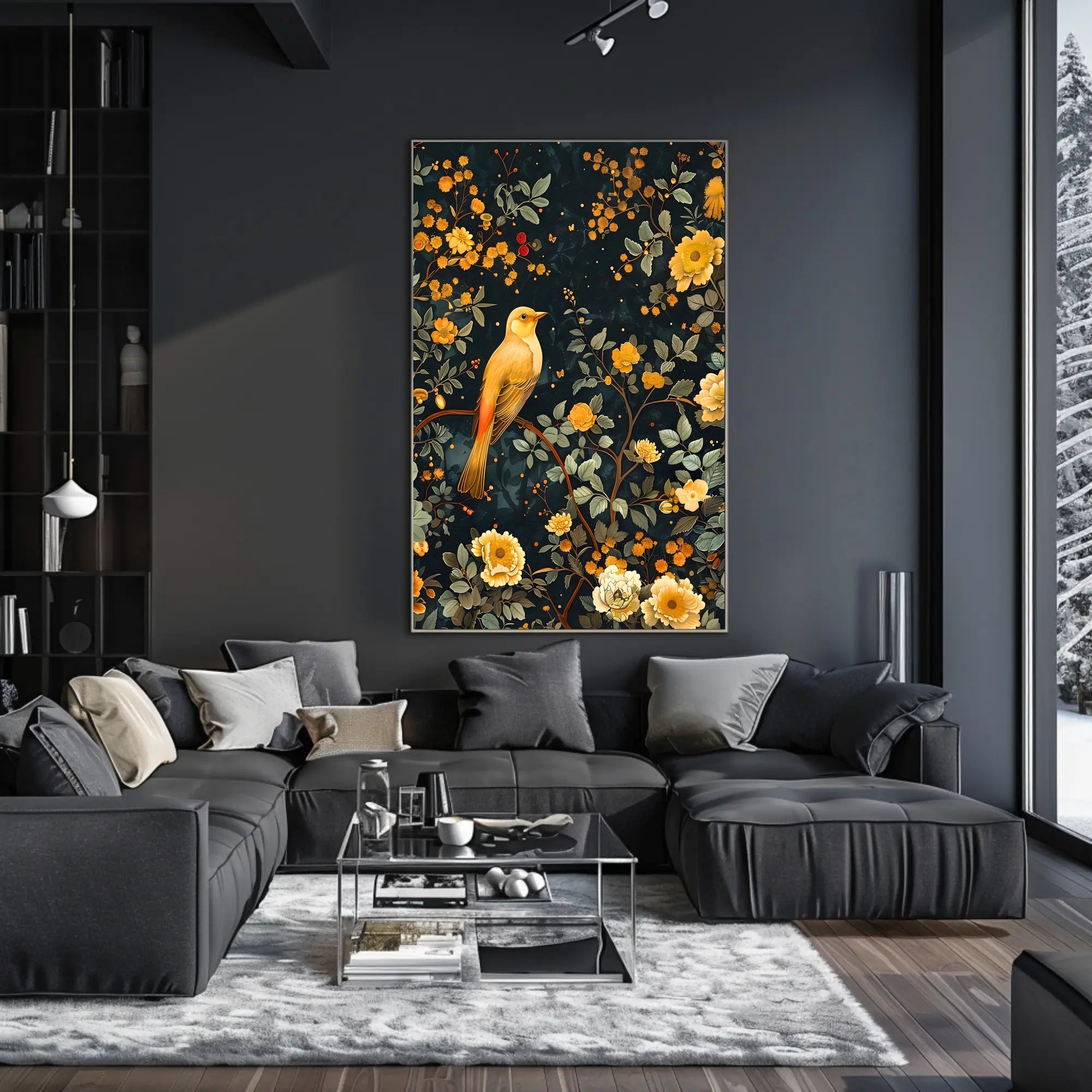 Golden Bird and Blossoms Wall Art Print